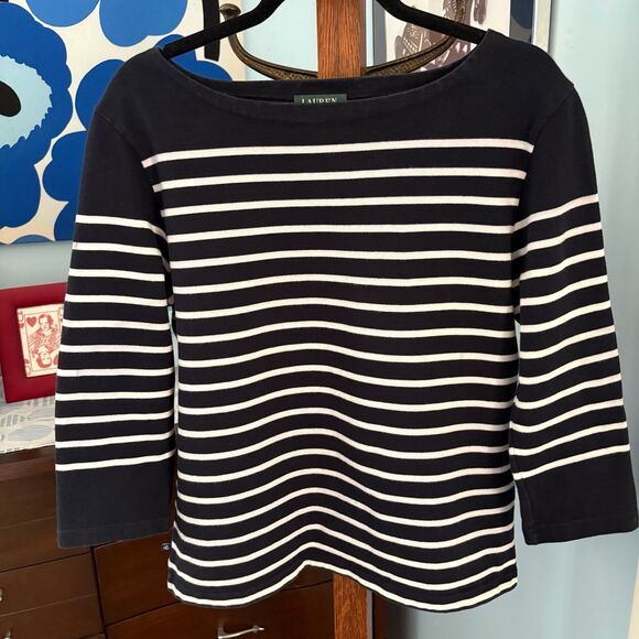 Lauren Ralph Lauren 100% Cotton Nautical Stripe Boatneck 3/4 Sleeve Shirt size L - Picture 2 of 7